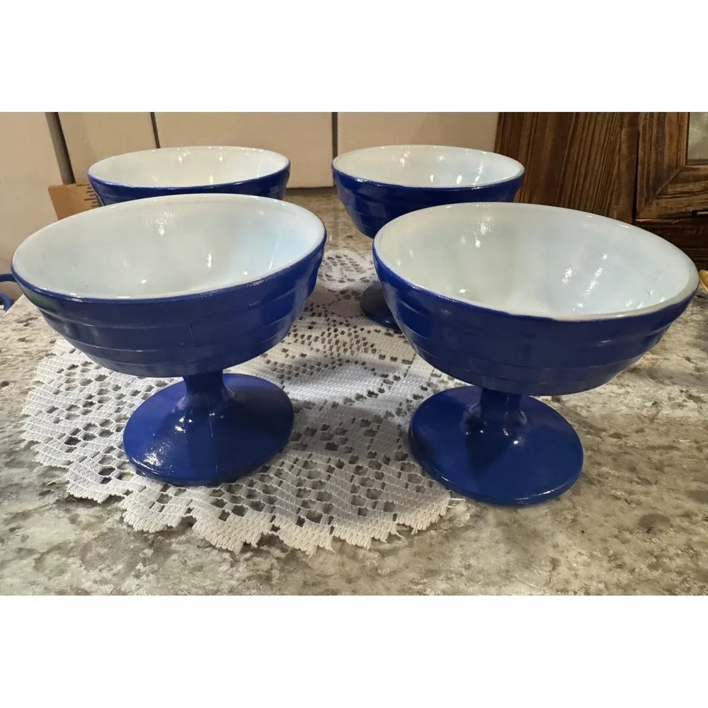 Vintage Cobalt Blue Milk Glass Footed Dessert Sherbet Bowls Set of 4 MCM Retro